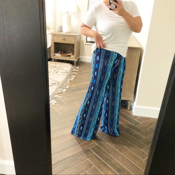 Boho Blue Printed Palazzo Wide Leg Comfy Pants - Picture 2 of 3